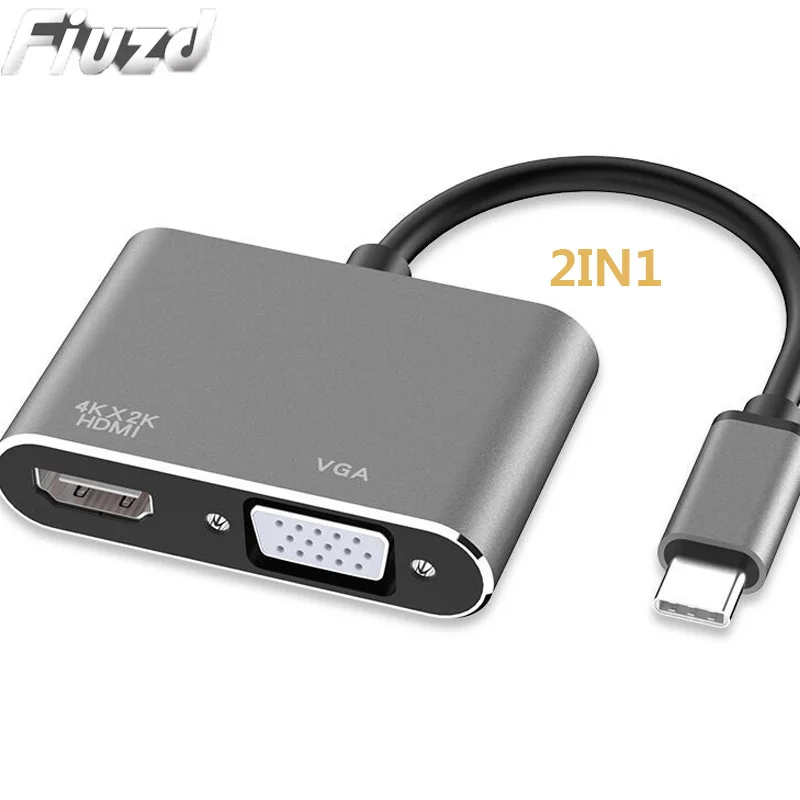 Fiuzd 2IN1USB C адаптер HDMI VGA Тип C к HDMI 4 к Thunderbolt 3 для samsung Galaxy S10/S9/S8 huawei mate 20/P30 Pro USB C HDMI - Цвет: Black