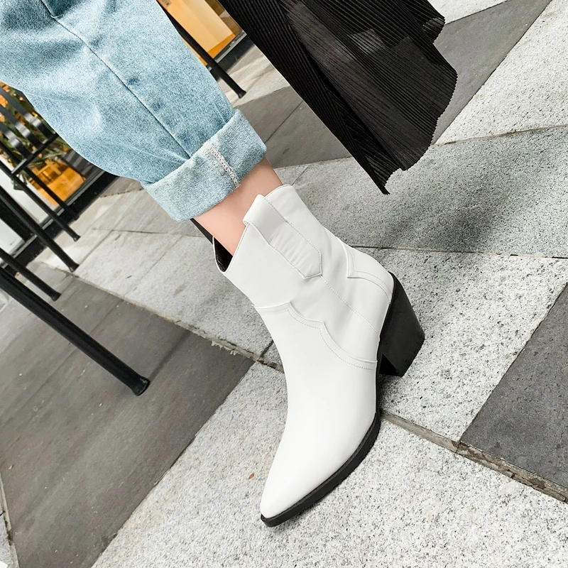 Женские ковбойские ботинки без шнуровки Черные ботильоны в стиле ретро обувь