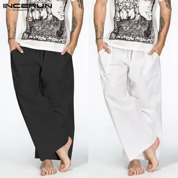 

INCERUN Men's Wide Leg Pants Solid Color Elastic Waist Strap Summer 2019 Cotton Loose New Fashion Casual Street Men's Trousers