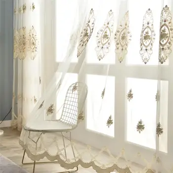 

European High-end Turkish Beige Embroidery Craft Window Screen Hand-pasted Diamond Pearl Bedroom Tulle Sheer Drapes MY133#5