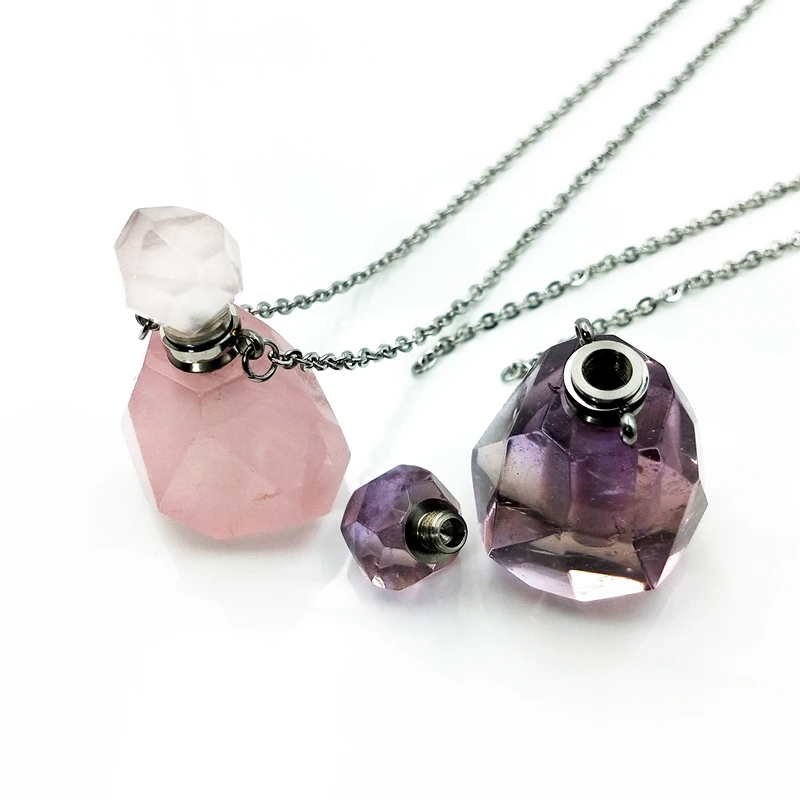Натуральный розовый кварц аметисты распылитель эфирных масел драгоценные камни граненый камень подвеска в виде бутылочки парфюма ожерелье для женщин