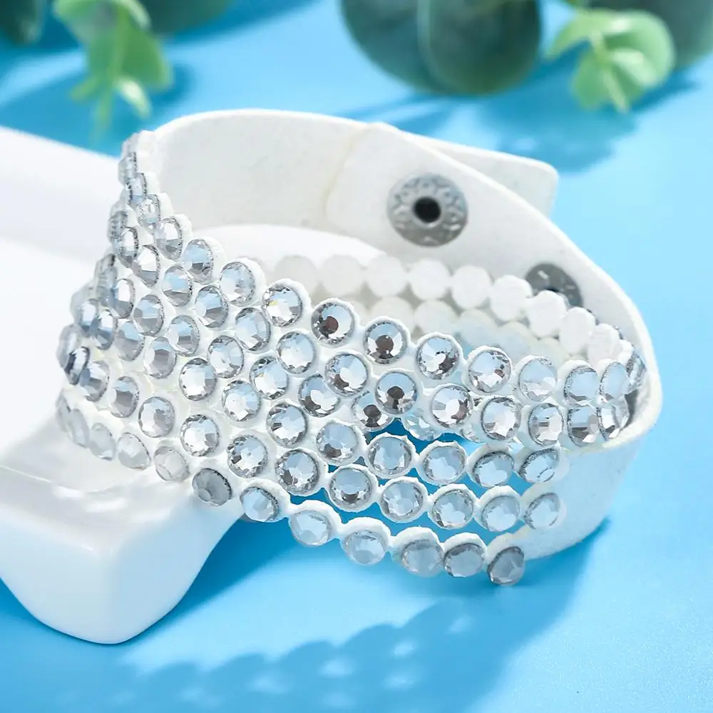 White BraceletS HOCOLE, очаровательный кожаный браслет со стразами, браслет с кристаллами, многослойные браслеты для женщин, pulseras mujer moda, ювелирные изделия - Окраска металла: White BraceletS