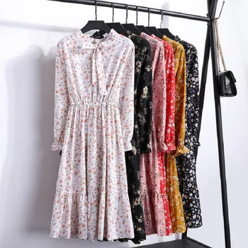 

Spring Autumn Flower Printed Chiffon Party Work Office Dress Elegant A-Line Bow Female Dress Elastic High Waist Vintage Dresses