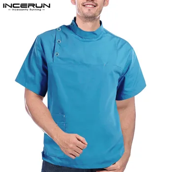 

INCERUN Men Shirt Solid Stand Collar Kitchen Chef Uniform Button Short Sleeve Mens Workwear Costumes Breathable Tops S-5XL