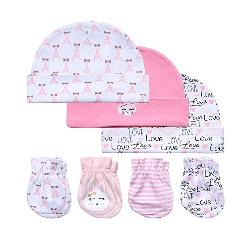 Newborn Baby 3 Caps and 4 Scratch Mittens 0-3 Month Baby Accessories Cotton Hat&Gloves