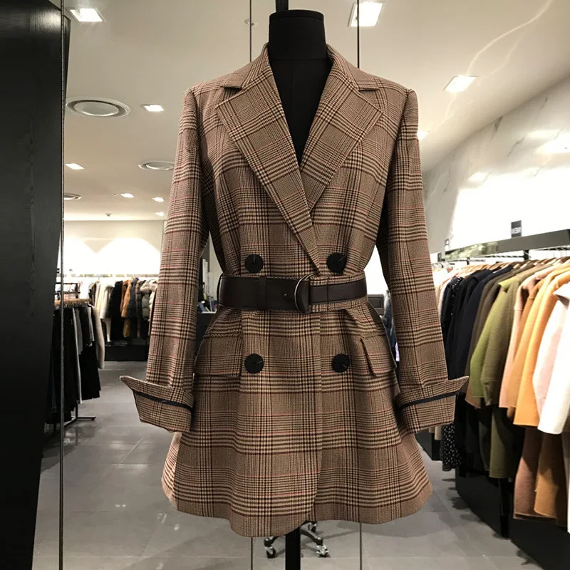 Весна Осень корейский женский клетчатый Повседневный клетчатый пиджак средней длины с поясом женский винтажный шерстяной Блейзер Пальто mujer