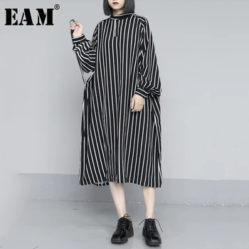 

[EAM] Women Black Striped Split Big Size Dress New Stand Collar Long Sleeve Loose Fit Fashion Tide Spring Autumn 2020 1S417