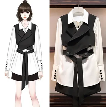 

Autumn Women 3 Piece Suit Fashion Tide Lapel Long Sleeve Shirt +Black Ribbon Vest + Wide Leg Shorts Sets