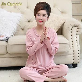 

Lace Flower Applique Pink Solid Plus Size Pajamas Women Pj Set Long Sleeves Sping Autumn Loungewear Woman Sleepwear Pajama Set
