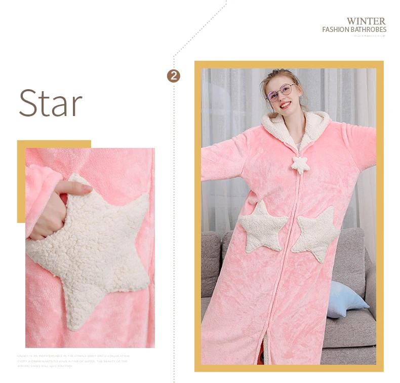 Women Winter Star Moon Plus Size Long Warm Flannel Bathrobe Pregnant Zipper Bath Robe Hooded Night Dressing Gown Men Sleepwear