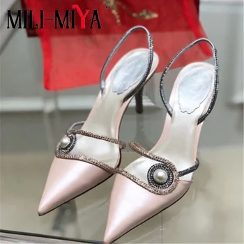 

MILI-MIYA New Arrival Sexy Women Silk Sandals Pointed Toe Slip-On Crystal Thin Heels Dress Party Shoes For Ladies