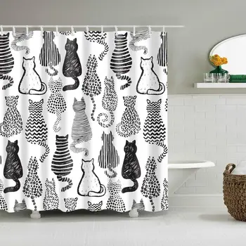 

Waterproof Thicken Cartoon Cute Black and Grey Cat Polyester Mildew Proof Bath Tub Shower Curtain with 12 pcs Hooks