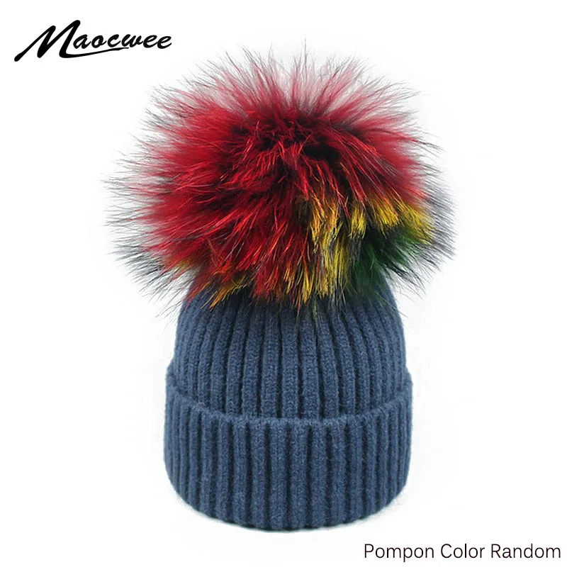 Hot Real Raccoon fox Fur Colorful Pompom Hat Women Winter Beanies Skullies Bonnet Caps Female Pom Poms Ski Hats Cute Gorro Warm 1