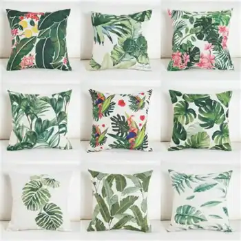 

Green Tropical Cotton Linen Pillow Case Waist Throw Cushion Case Office Home House Sofa Chair Decor