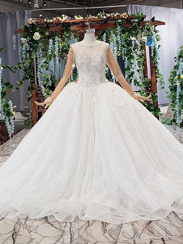 as picture LS11990 свадебное платье s бальное платье с коротким шлейфом Иллюзия с рюшами бисерная шнуровка с круглым вырезом свадебное платье - Цвет: as picture