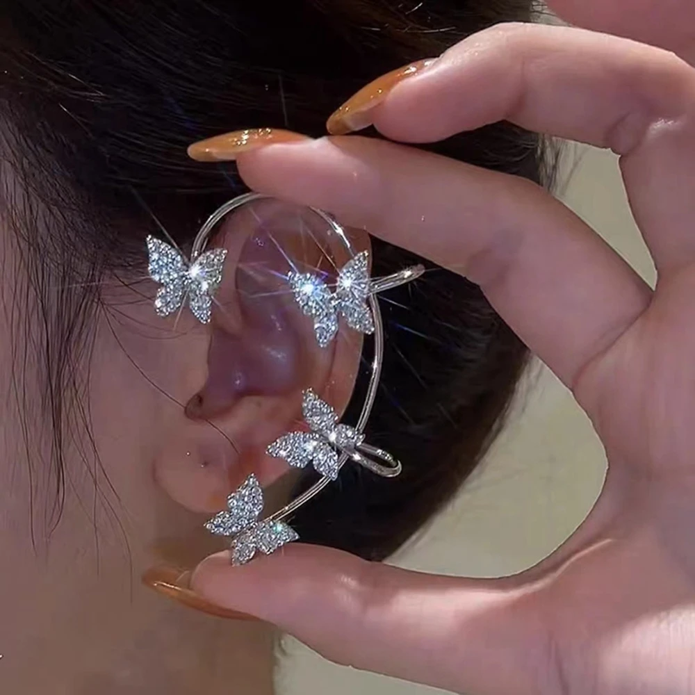 Ear Clip Earrings Clip Earrings Ear Clip Ear Accessories Silver Color Plated Metal Butterfly Ear Clips Without Piercing For Women Sparkling Zircon Ear Cuff Clip Earrings Wedding Jewelry