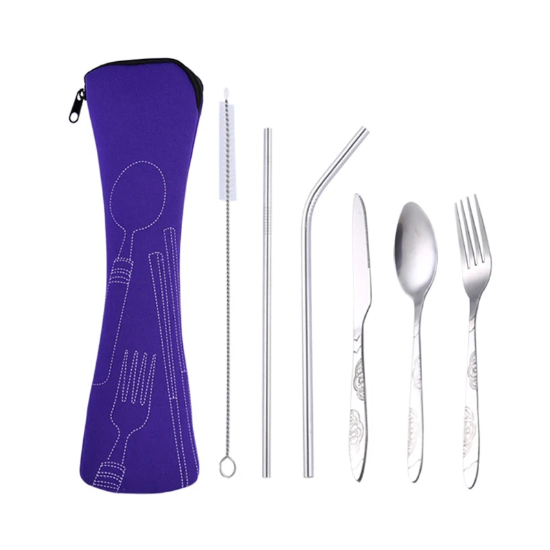 Hifuar 6Pcs/set Portable Stainless Steel Flatware Set Flower Fork Dinner Tableware Set Cutlery Case Kit Camping Travel Utensils - Цвет: Purple