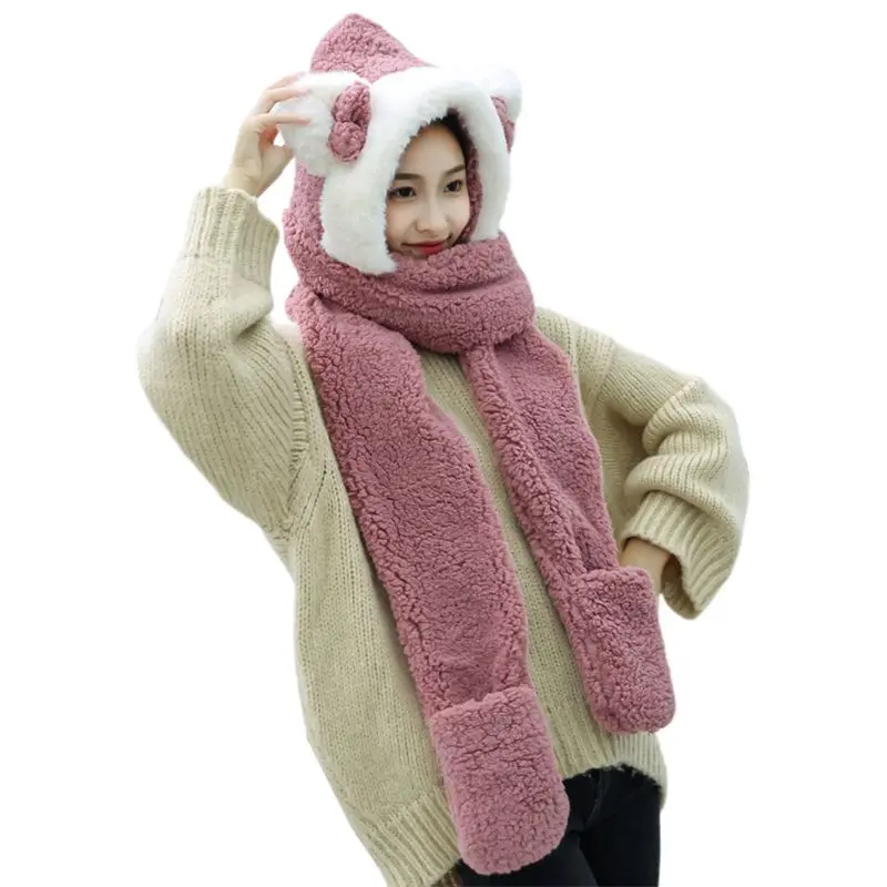 Женская зимняя плюшевая 3 в 1 Теплая Шапка Милый Бант медведь уши с капюшоном шарф перчатки - Цвет: 6