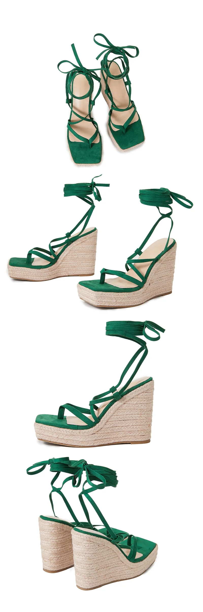 Vanessas wedges heels platform sandals for women – summer green narrow band open toe lace-up party dress shoes