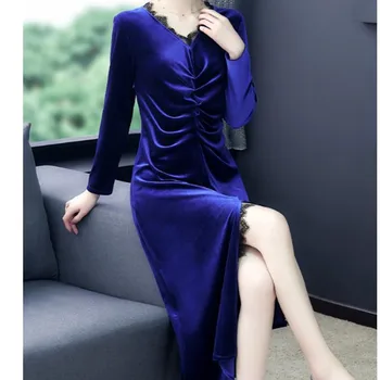 

Long Sleeve Gold velvet dress high-end elegant temperament 2020 new spring and winter Casual Large Size Loose Midi Dress