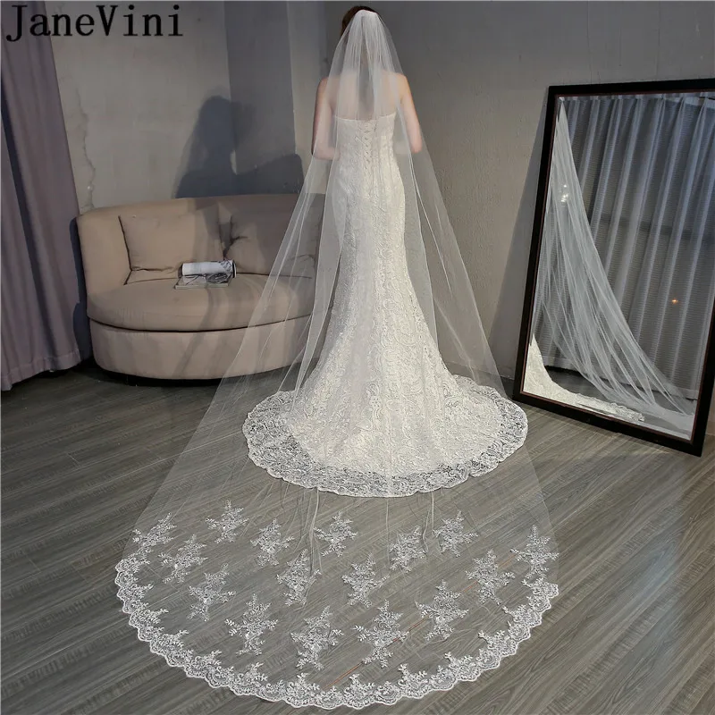 

JaneVini Ivory Wedding Veils Long Bridal Veil with Comb Lace Appliques One Layer 3 Meters Bride Cathedral Veil Tulle Mariage