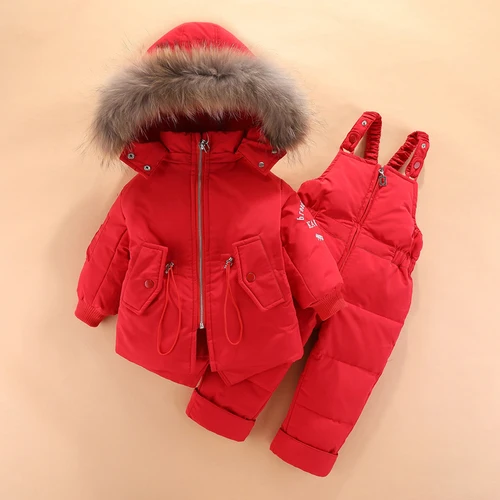 Комплекты зимней одежды для маленьких мальчиков и девочек; коллекция года; новые комплекты одежды для малышей; детская куртка с капюшоном+ плотные штаны; комплект зимней детской одежды - Цвет: Красный