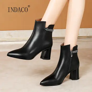 

Winter Women Boots Leather Pointed Toe Thick Heel Boots Zipper Rhinestone Ankle Boots For Women High Heels Boots Female Shoes