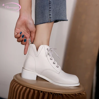 

Simple style ankle boots round toe lace-up black white brown autumn medium with chunky motorcycle boots women's shoes big size