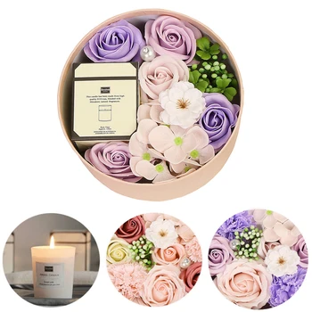 

Artificial Rose Soap Flower Gift Box with Smokeless Scented Candles Set Petal Bath Body Soap Flower for Valentine's Day Gift