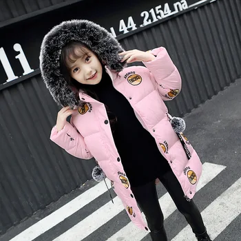 

Baby Girl's Cotton-padded Coat for 4-11 Years Old Children's Thick Cotton-padded Parka Big Fur Collar with Printed Circle Letter