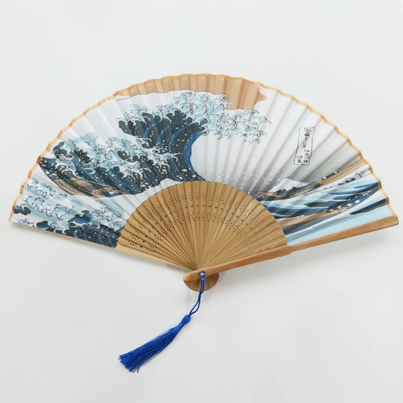 Silk HAND FAN Monte Fuji Kanagawa olas japonés Abanico Plegable Giov Ventilador de bolsillo