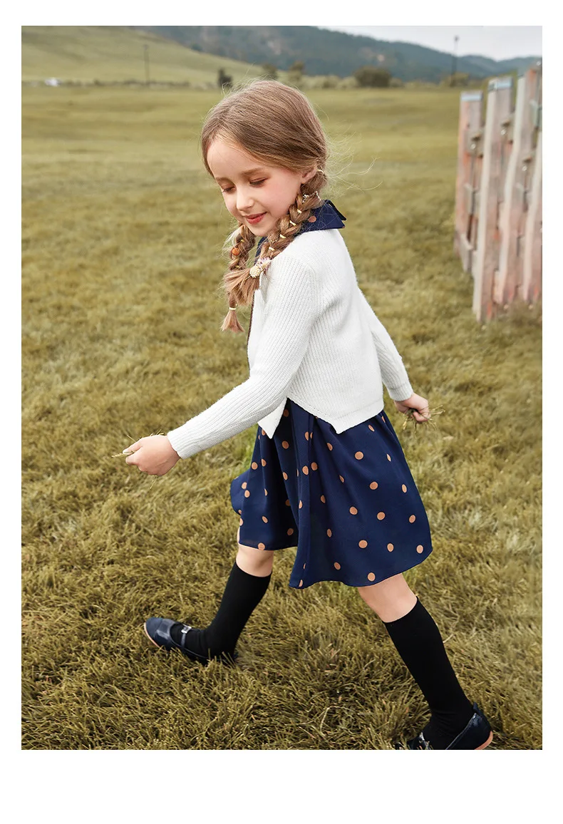Ins/костюм для девочек Новинка года, Осенний Детский комплект, модный вязаный комплект из двух предметов для маленьких девочек, свитер и платье принцессы в горошек,#5436