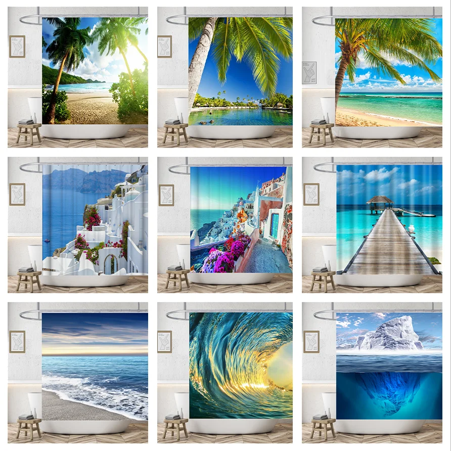 Beach High Quality Polyester Fabric Waterproof Shower Curtain 3D Washable Home Decor Nordic Style Building Bathroom Curtains