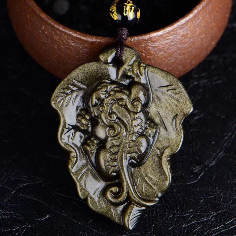 Leaf Necklace Natural Stone Gold Pendant Charm Jewelry Obsidian Plant Trendy Men Crystal For Couple | Украшения и аксессуары