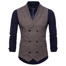 Spring And Autumn Men's New Style Business Plaid Suit Waistcoat Slim Fit Korean-style Fashion Double Breasted Waistcoat Men