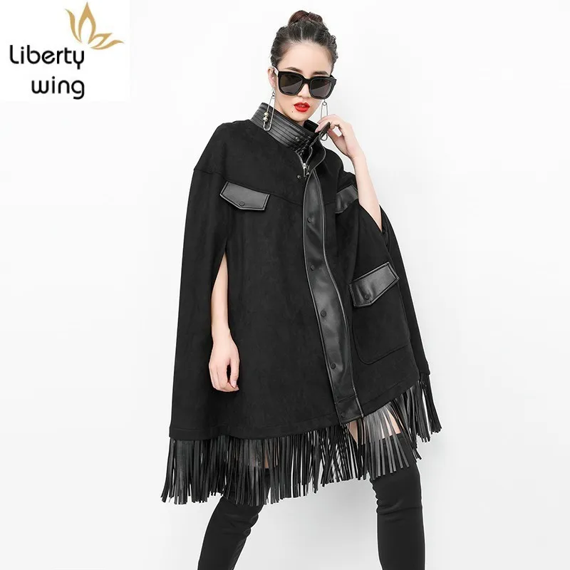 

Bf Punk Style Women Overcoat Fall Black Tassel Outerwear Lady Stage Cardigan Windbreaker Long Trench Coat Female Hip-Hop Runway