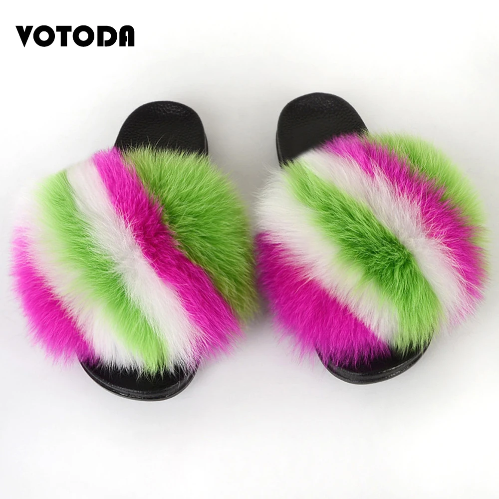 

Woman Luxury Furry Slippers Fur Slides For Women Fluffy Cute Raccoon Sandals Real Fox Fur Flip Flops Lady Indoor Soft Flat Shoes