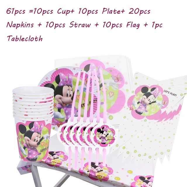 180*108 cm 1pc Minnie Mouse Theme Table Cloth for Kids Happy Birthday Party Decoration Table Cover Event Party Supplies 61pcs set