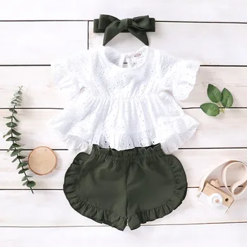 

3 Pieces Newborn Kids Baby Girls Clothes Set Lace Hollow Out Short Sleeve Tops+Blue Shorts+Headbands Baby Girl Outfits Clothing