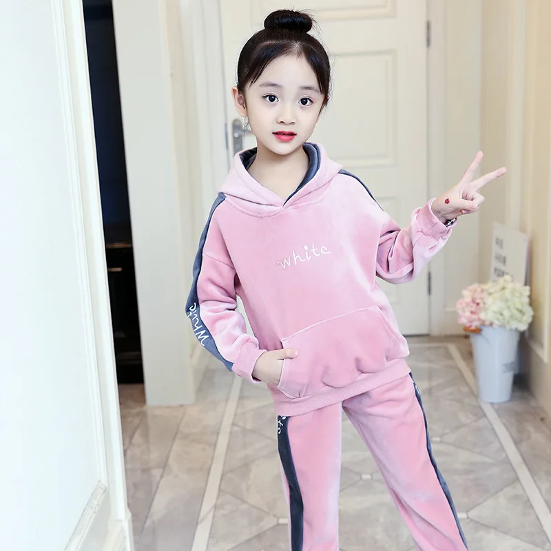 

Girl'S Suit Middle And Large Children Young STUDENT'S Double-sided Plush Warm Hooded Tops Lengthen Pants Gold Velvet Two-Piece S