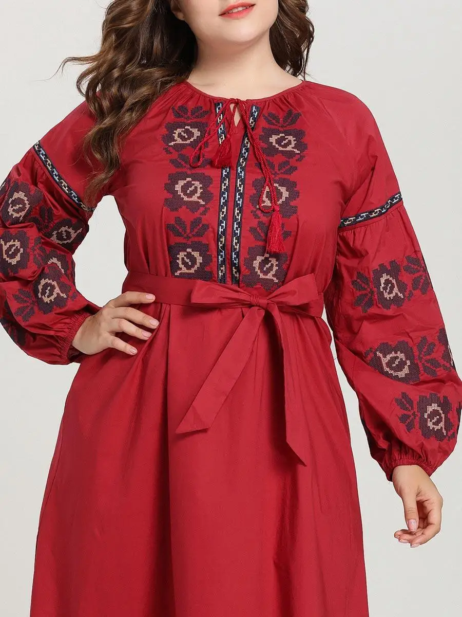 Abaya Женская вышивка кафтан исламский джильбаб Макси платье Винтаж Плюс размер длинный рукав свободный халат мусульманские турецкие одежда