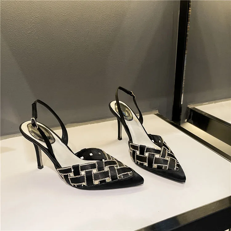 Sexy Rhinestone Braid Silk Strap Wedding Pumps One Strap Low Cut Pointy Toe Thin Heel crystal square cross Shoes party high heel