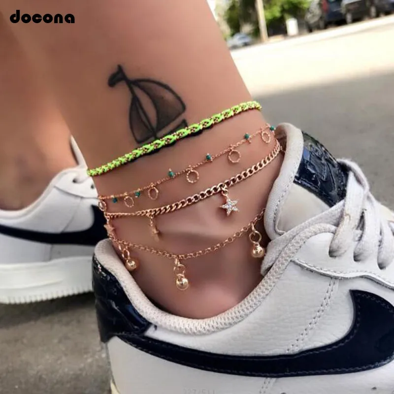 Docona Boho желтая веревка кристаллическая звезда браслет на ногу из бисера для женщин талисманы геометрический многоярусный ножной браслет набор ножная цепочка Ювелирные изделия 8612