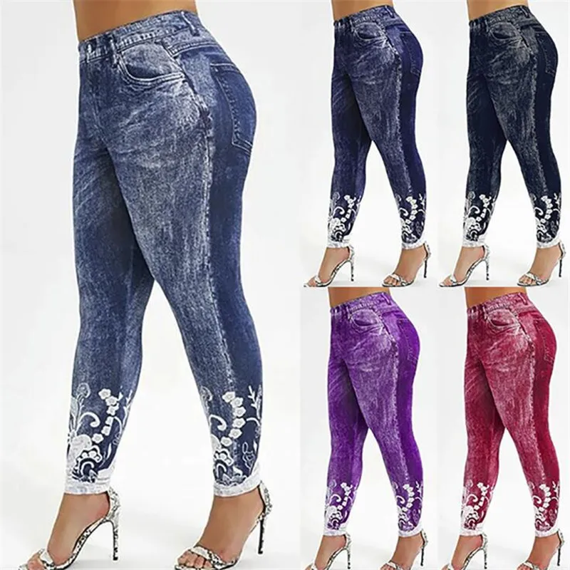 

Women Gym Leggings Faux Denim Jeans Leggings Pocket Printing Leggings Casual High Waist Pencil Pants Plus size Pants