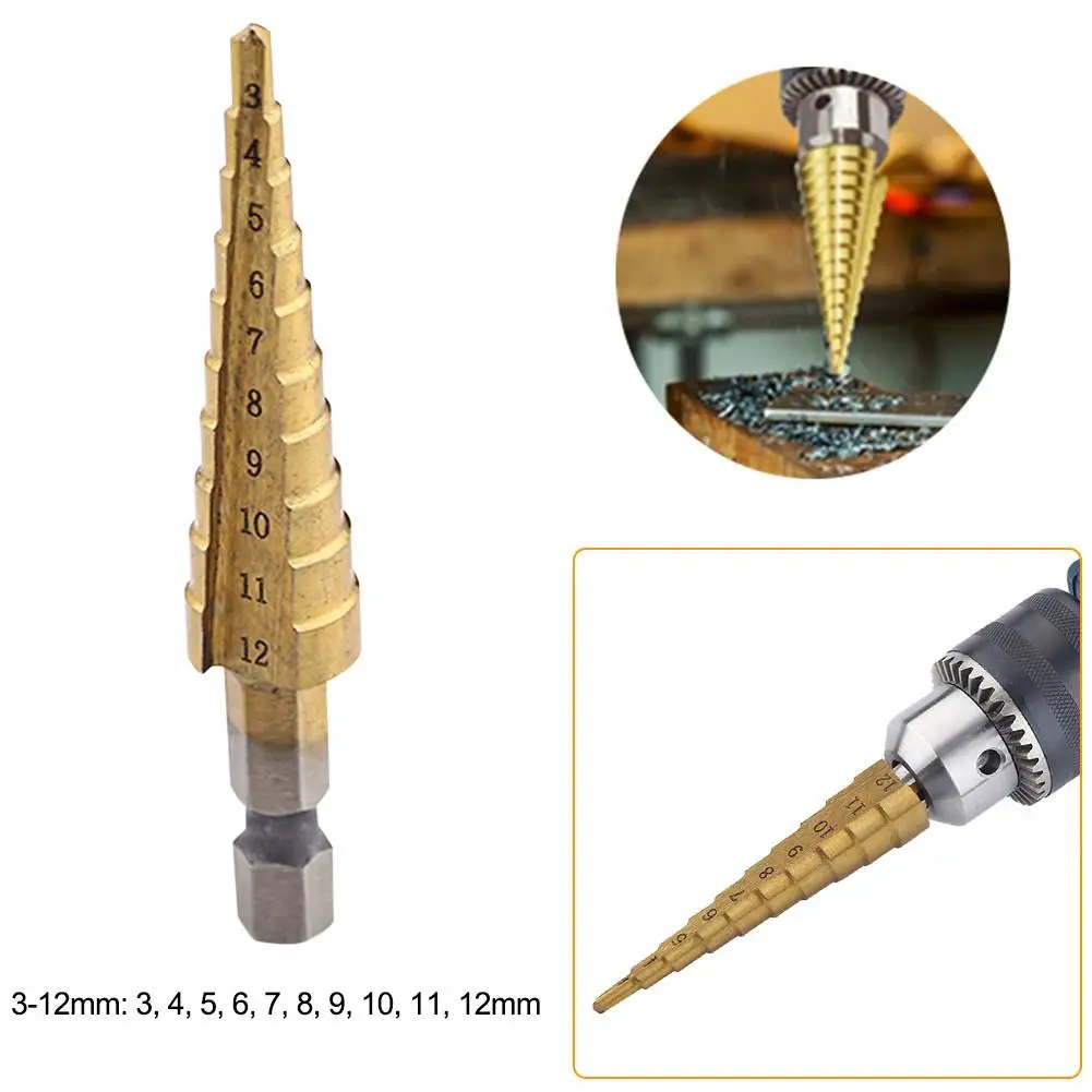 

5pcs Hex Shank Straight Flute Titanium Step Drill Bit 3-12 mm/ 0.12-0.47 in Cutting Tools Steel Woodworking Wood Metal Drilling