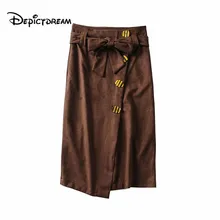 Женская стильная замшевая Однотонная юбка миди faldas mujer с пуговицами и поясом-бабочкой, женские повседневные кофейные юбки до середины икры