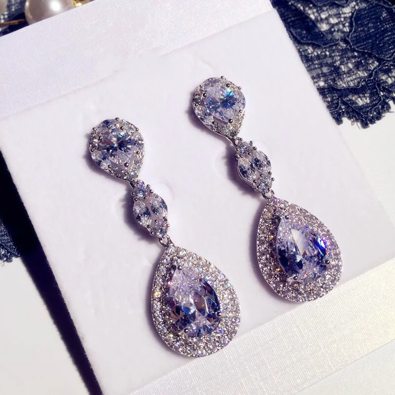 S925 Silver Color High Quality Long Stud Earrings With Bling Zircon Stone For Women Korean