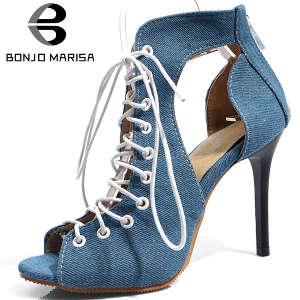

BONJOMARISA Plus Size 34-48 Ladies Ankle Strap Denim Sandals Fashion Thin High Heels Summer Sandals Women Party Sexy Shoes Woman