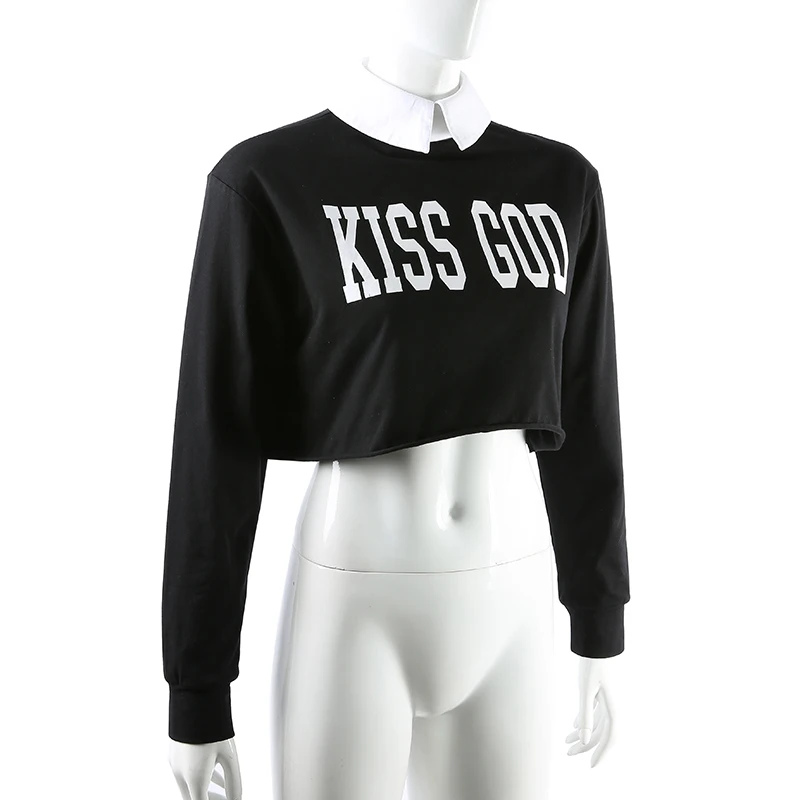 Sweetown Contrast Color Patchwork Crew Neck Cropped Sweatshirt Women Casual Print Long Sleeve Ladies Sweatshirts Streetwear