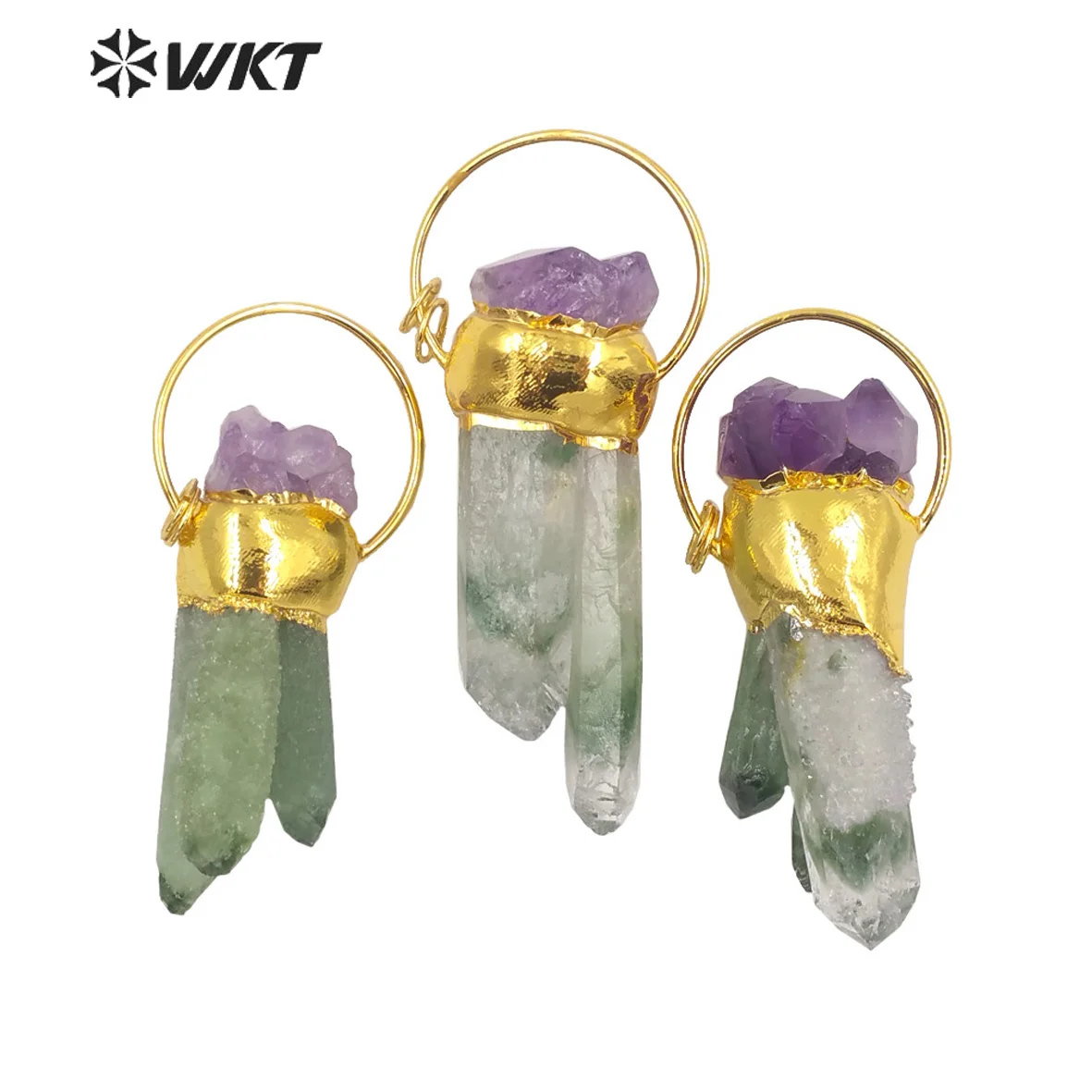 

WT-P1694 New RAW green cluster crystal quartz stone pendant with Big Ring women gold electroplated handmade Spirit stone pendant